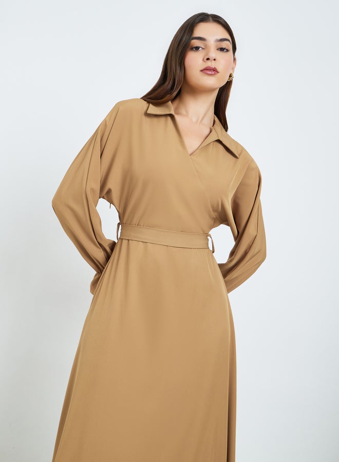 Styli Women Khaki Long Sleeve A-Line Midi Dress - Image 2